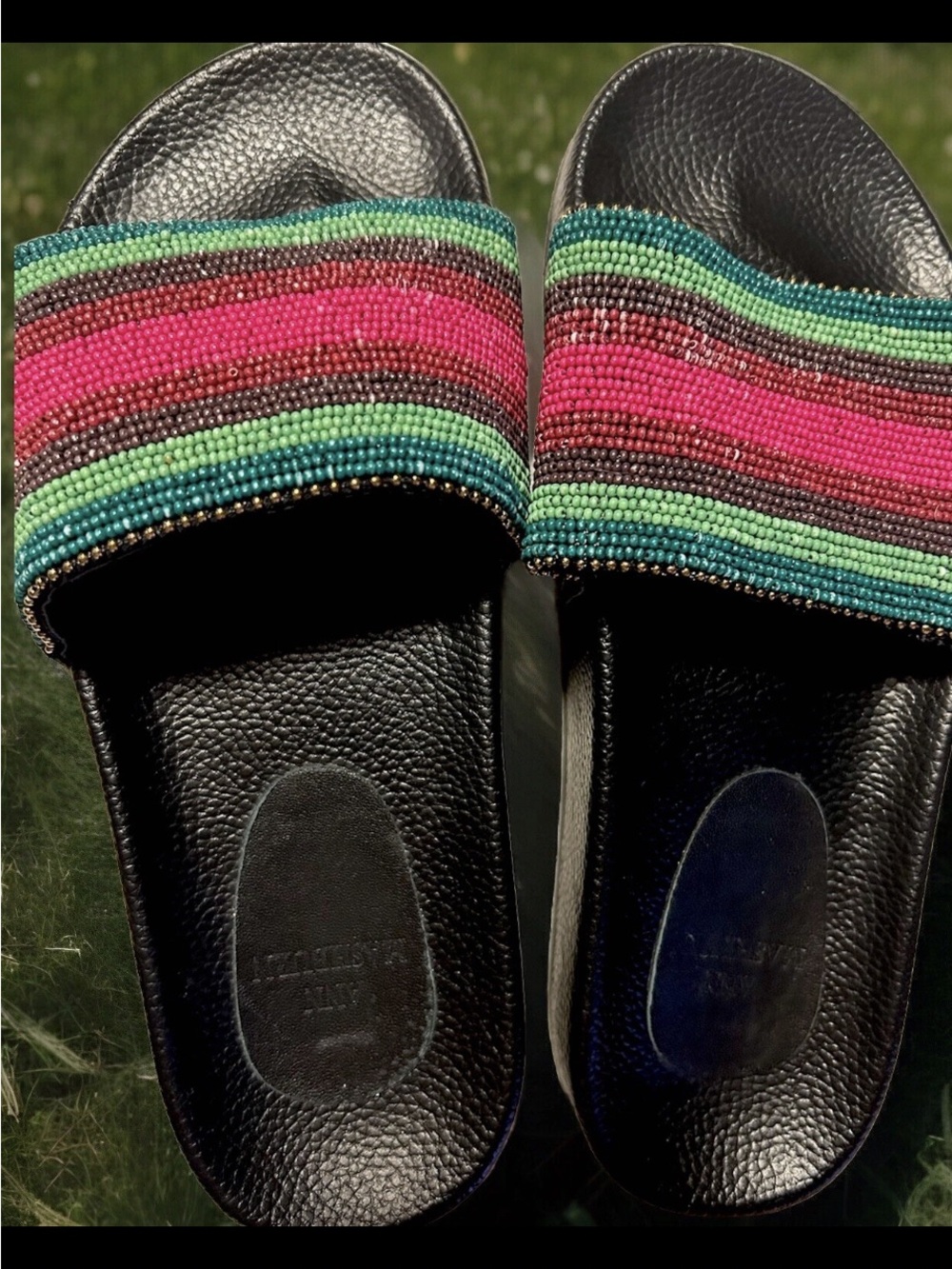 Ann Mashburn Summer Leather Striped/Beaded Mules,Slides Size 36(5.5)